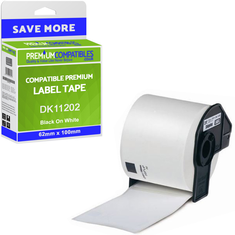 Compatible Brother DK-11202 Black On White 62mm x 100mm Shipping Label Roll Tape - 300 Labels (DK11202)