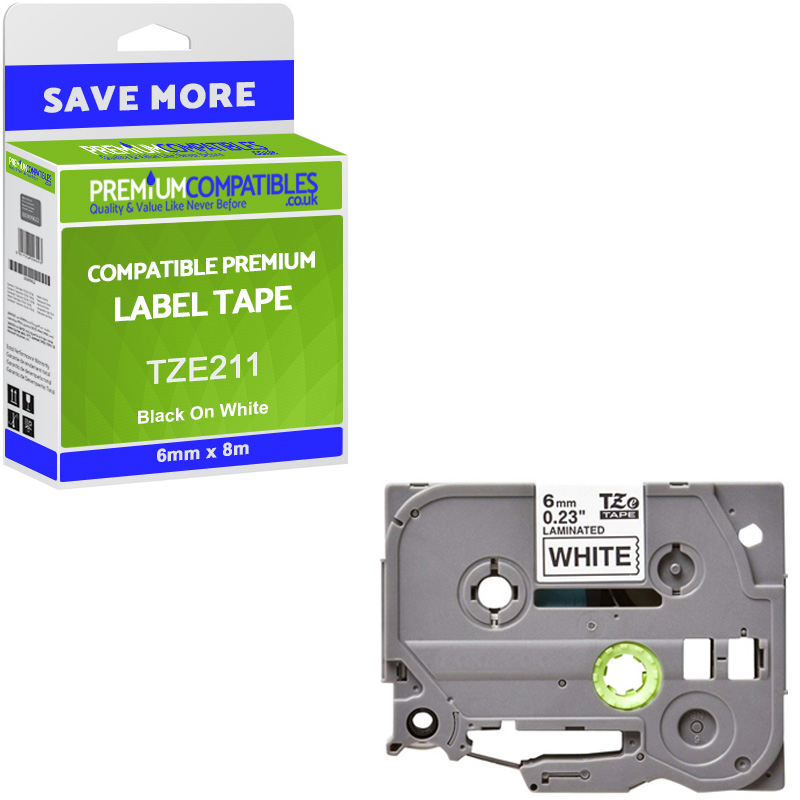Compatible Brother TZe-211 Black On White 6mm x 8m Laminated P-Touch Label Tape (TZE211)