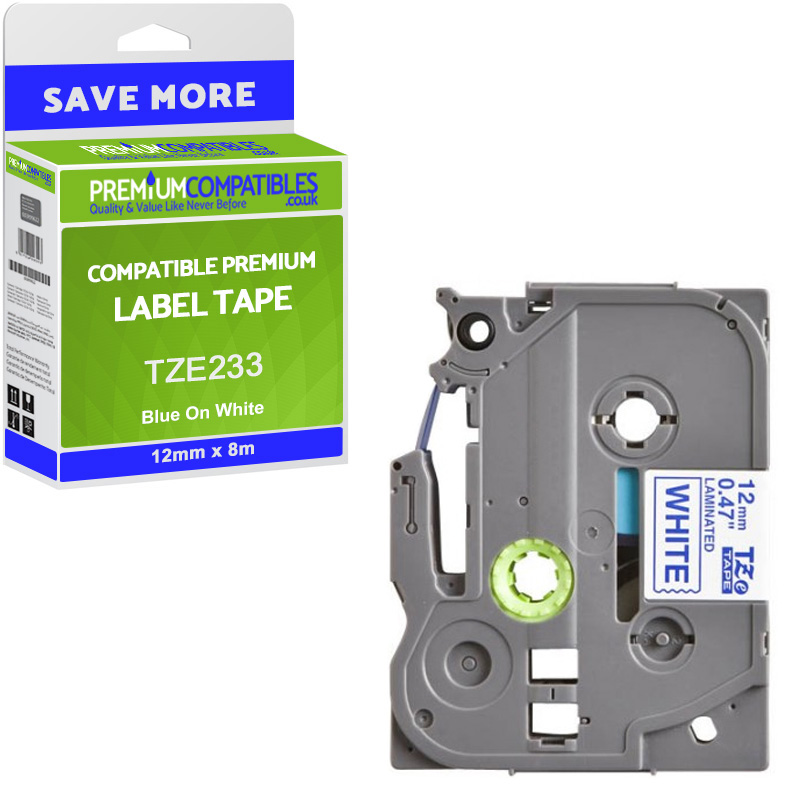Compatible Brother TZe-233 Blue On White 12mm x 8m Laminated P-Touch Label Tape (TZE233)