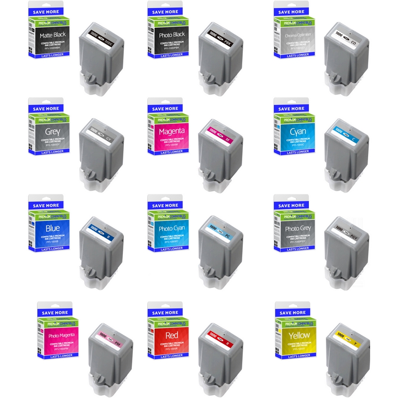 Compatible Canon PFI-1000 Multipack Set Of 12 Ink Cartridges (PFI-1000MBK /PBK/C/PC/PM/M /PGY/GY/B/R/Y/CO)