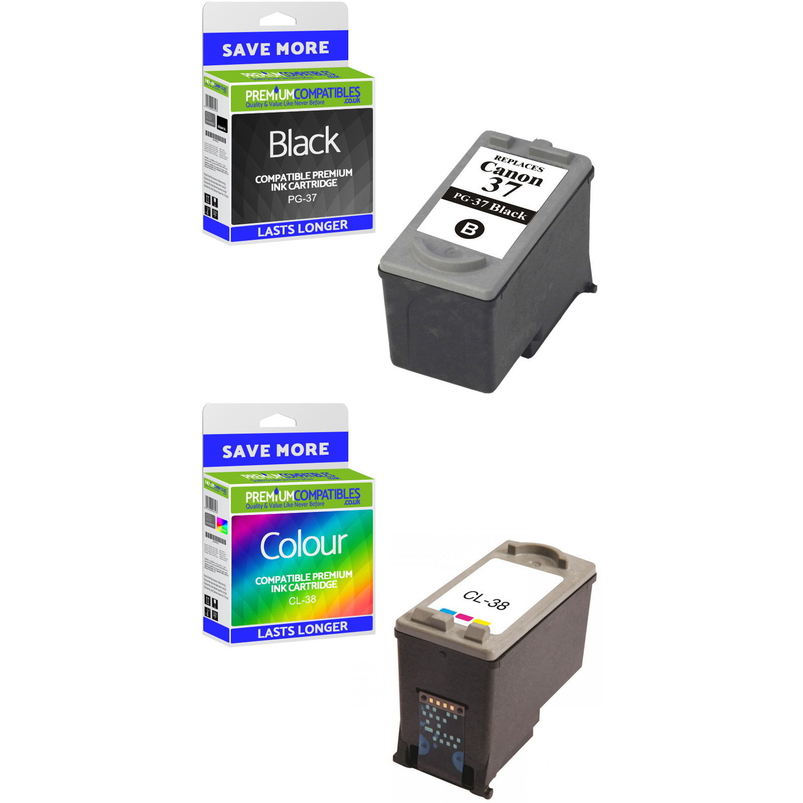 Premium Remanufactured Canon PG-37 / CL-38 Black & Colour Combo Pack Ink Cartridges (2145B001 & 2146B001)