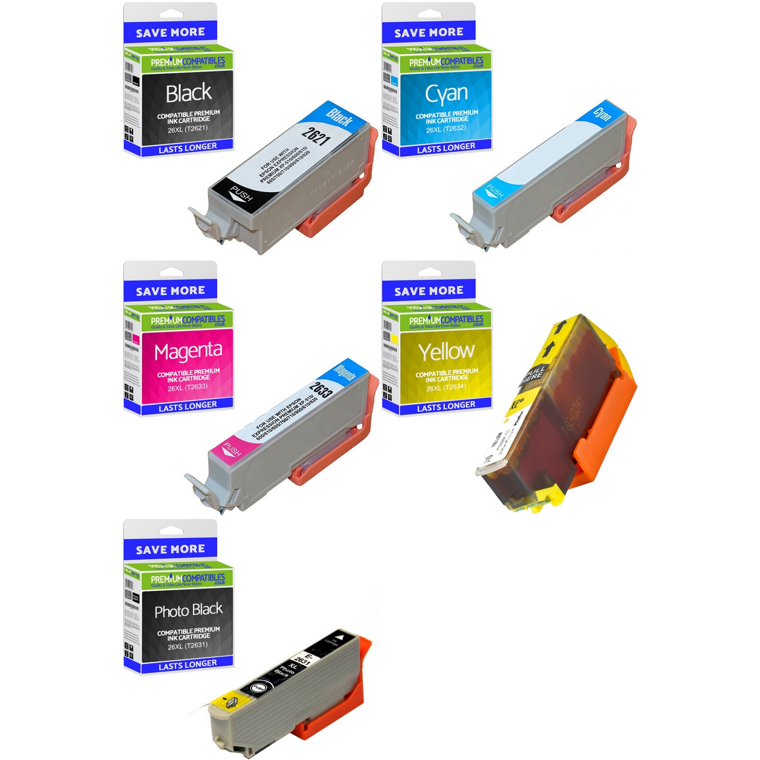 Compatible Epson 26XL C, M, Y, K, PB Multipack High Capacity Ink Cartridges (C13T26314010 / C13T26364010) T2631 & T2636 Polar Bear