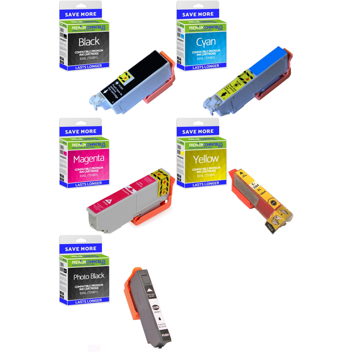Compatible Epson 33XL C, M, Y, K, PBK Multipack High Capacity Ink Cartridges (C13T33574010) T3357 Oranges