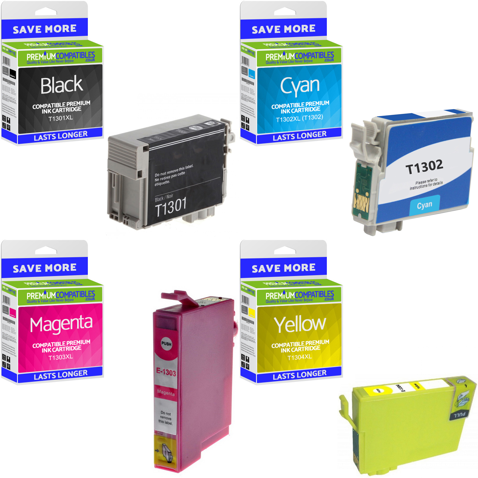 Compatible Epson T1301XL / T1306XL CMYK Multipack High Capacity Ink Cartridges (C13T13014010 / C13T13064010) Stag