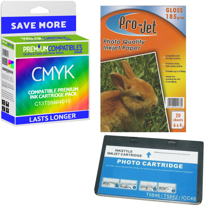 Compatible Epson T5846 CMYK Ink Cartridge & Picture Pack (C13T58464010) Flippers