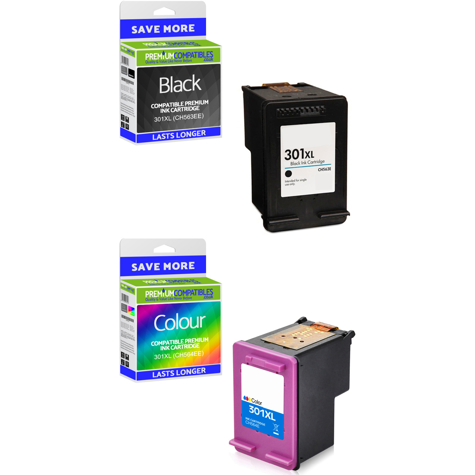 Premium Remanufactured HP 301XL Black & Colour Combo Pack High Capacity Ink Cartridges (CH564EE & CH563EE)