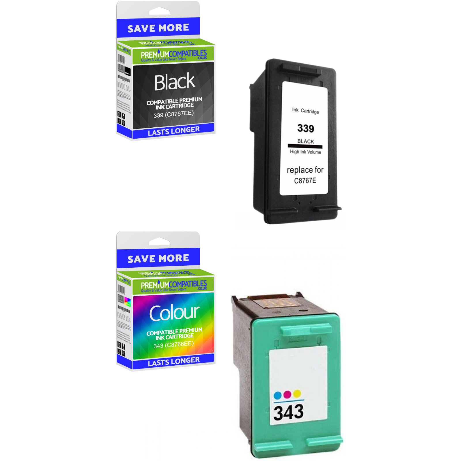 Premium Remanufactured HP 339 / 343 Black & Colour Combo Pack Ink Cartridges (C8767EE & C8766EE)