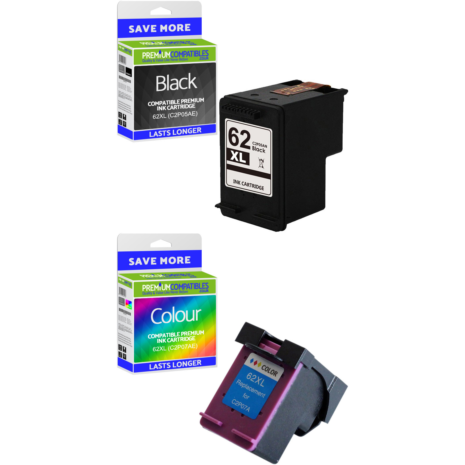 Premium Remanufactured HP 62XL Black & Colour Combo Pack High Capacity Ink Cartridges (C2P05AE & C2P07AE)