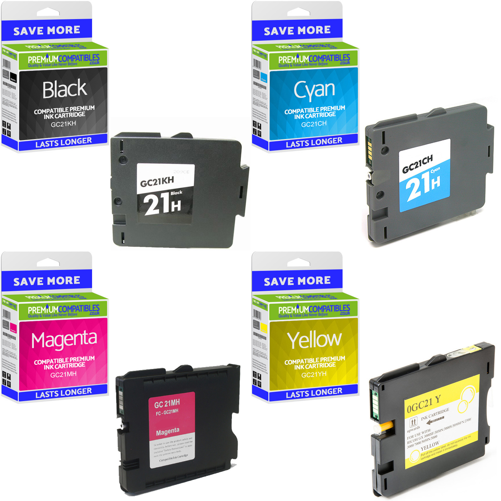 Compatible Ricoh GC21H CMYK Multipack High Capacity Gel Ink Cartridges (405536 / 405537 / 405538 / 405547)