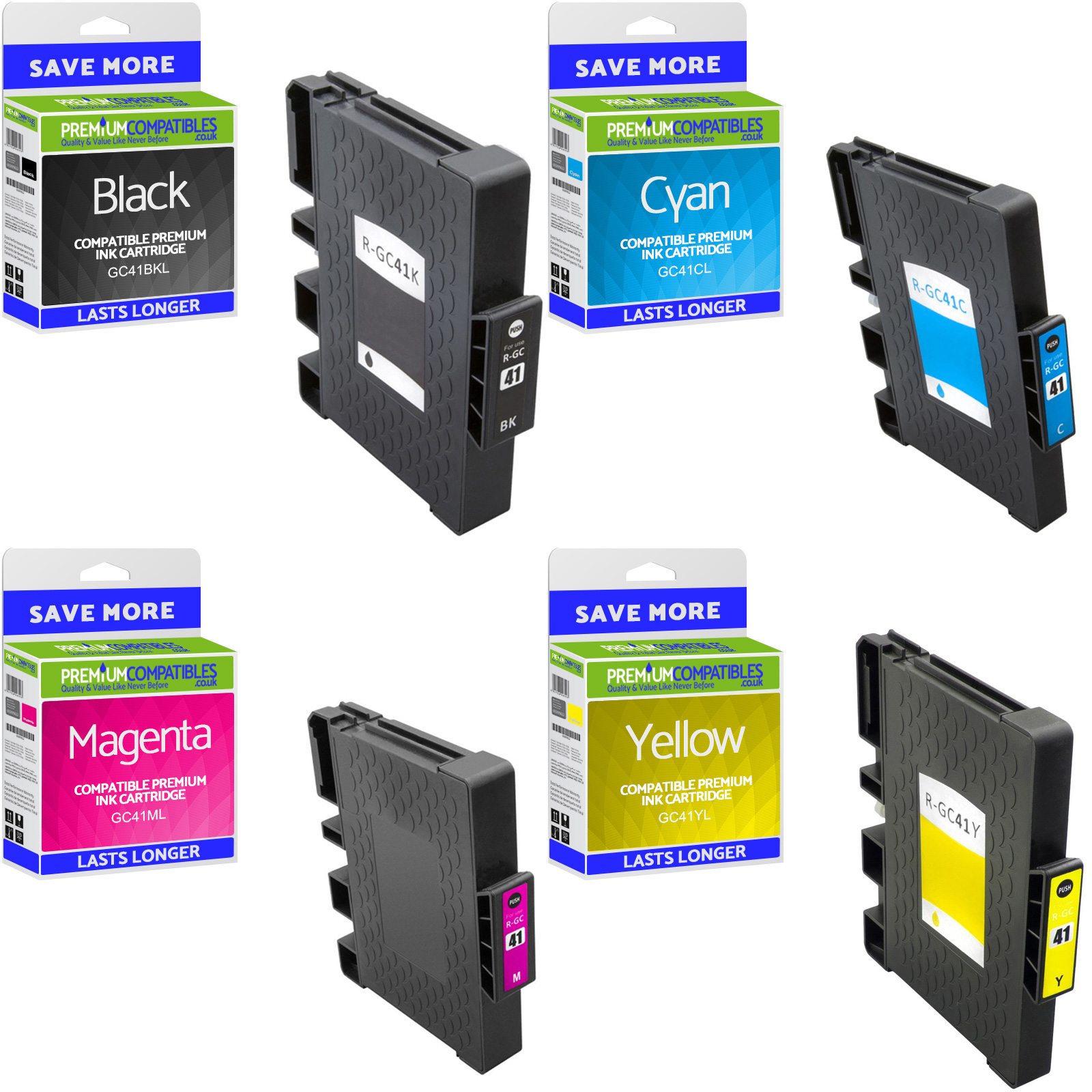 Compatible Ricoh GC41L CMYK Multipack Gel Ink Cartridges (405765 / 405766 / 405767 / 405768)