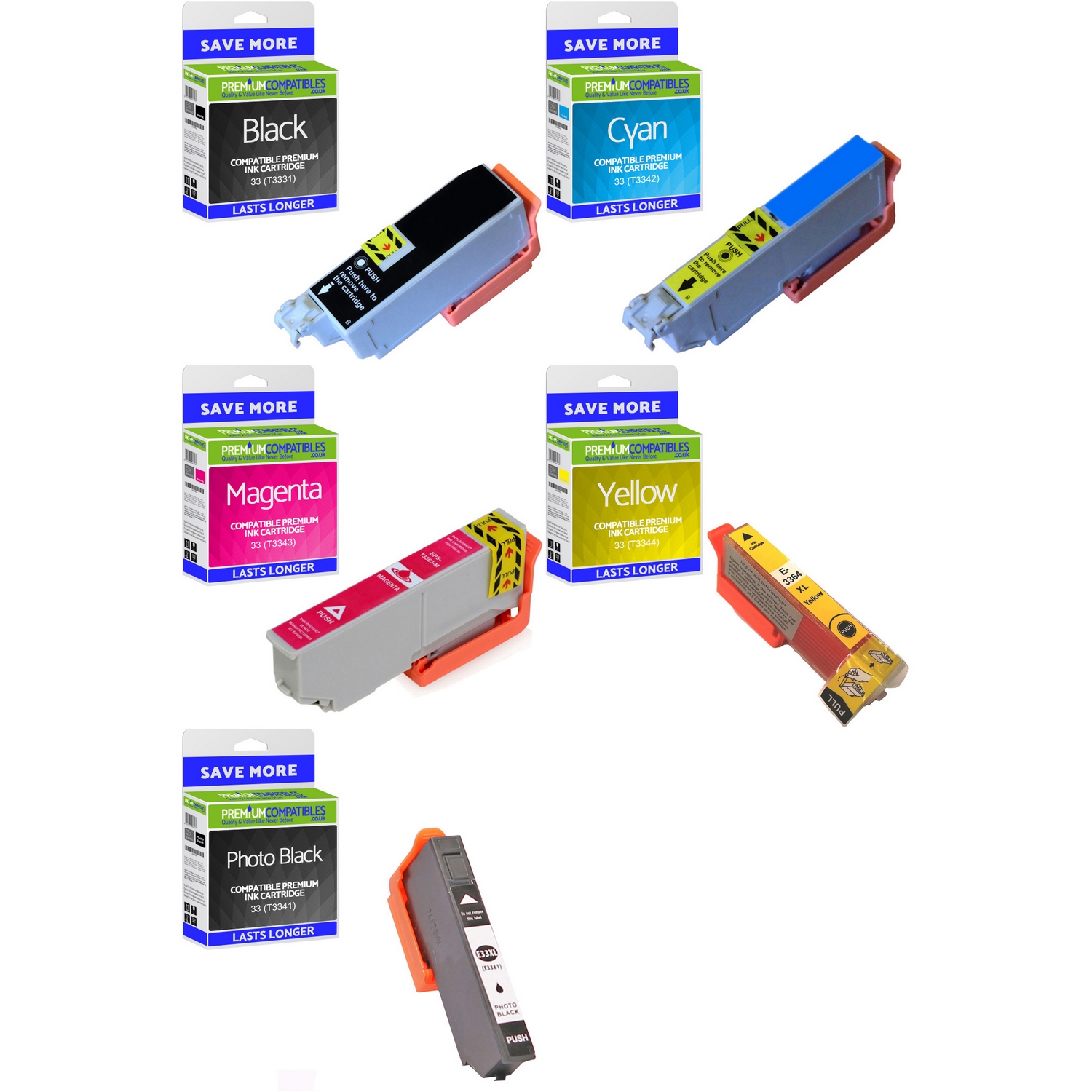 Compatible Epson 33 C, M, Y, K, PBK Multipack Ink Cartridges (C13T33374010) T3337 Oranges