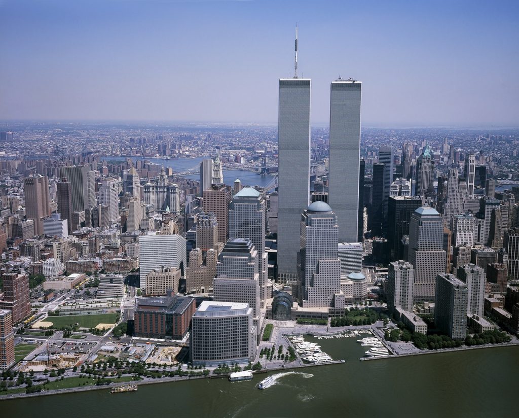 A view of Manhattan, New York City with the Twin Towers of the World Trade Center standing tall (pre-9/11).