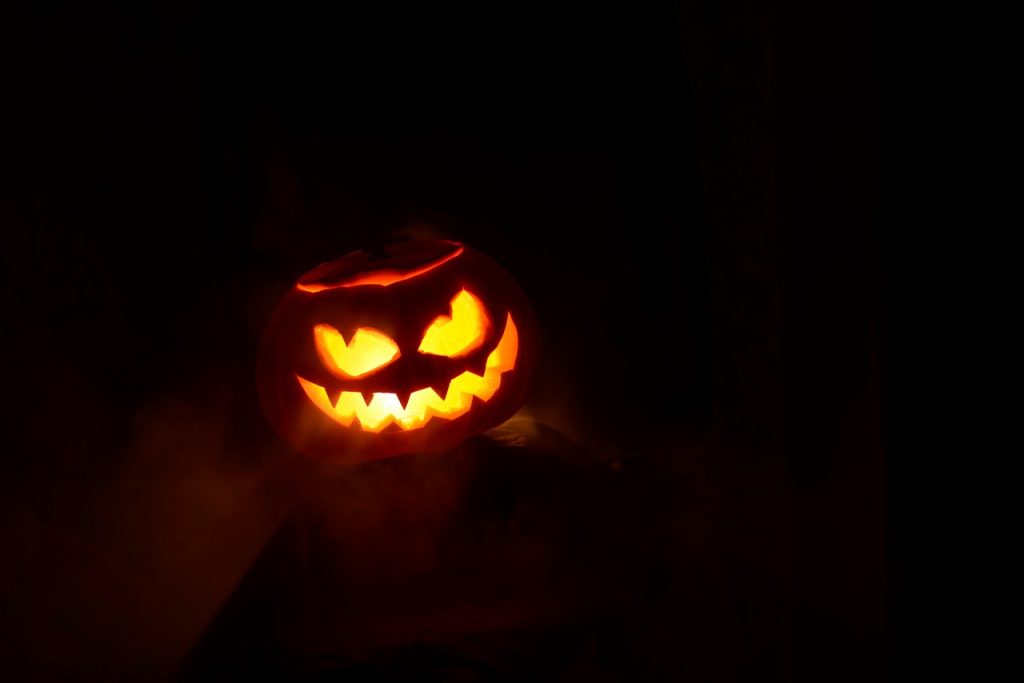 A glowing pumpkin Jack-O'-Lantern