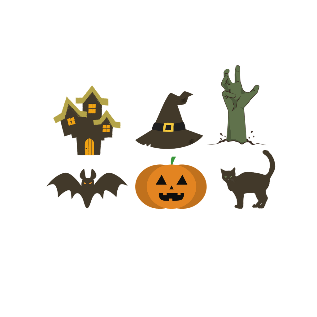 6 seperate images of Halloween-related things: a crooked, dark house, a witches hat, a green zombie hand reaching out from the ground beneath, a bat, a carved pumpking Jack-O'-Lantern and a black cat.